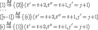 
	(1) \Rightarrow^M\{(2)\}(t' = t + 2, t'' = t + 1, j' = j + 1)\\
	\dots\\
	([i-1]) \Rightarrow^M\{(i)\}(t' = t + 2, t'' = t + 1, j' = j + 1)\\
	(i) \Rightarrow^M\{(1)\}(t'= t + 2, t'' = t + 1, j' = j + 1)
