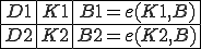 
\begin{array}{|c|c|c|}
	\hline D1 & K1 & B1 = e(K1, B) \\
	\hline D2 & K2 & B2 = e(K2, B) \\
	\hline
\end{array}
