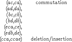 
\begin{align}
	(ac, ca),	&\text{commutation}\\
	(ad, da),	&\\
	(bc, cb),	&\\
	(bd, db),	&\\
	(eca, ce),	&\\
	(edb, de),	&\\
	(cca, ccae)	&\text{deletion/insertion}
\end{align}
