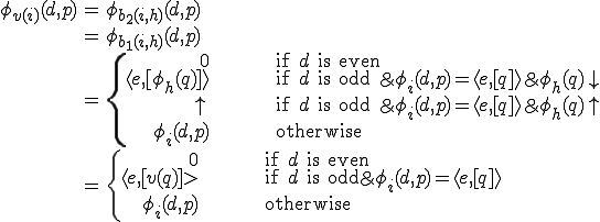 
\begin{eqnarray}
	\phi_{v(i)}(d, p)	&=& \phi_{b_2(i, h)}(d, p)\\
				&=& \phi_{b_1(i, h)}(d, p)\\
				&=& \{
					\begin{align}
						0				&& \text{if }d \text{ is even}	\\
						\langle e, [\phi_h(q)]\rangle	&& \text{if }d \text{ is odd } \binampersand \phi_i(d, p) = \langle e, [q] \rangle \binampersand \phi_h(q)\downarrow\\
						\uparrow			&& \text{if }d \text{ is odd } \binampersand \phi_i(d, p) = \langle e, [q] \rangle \binampersand \phi_h(q)\uparrow\\
						\phi_i(d, p)			&& \text{otherwise}
					\end{align} \\
				&=& \{
					\begin{align}
						0			&& \text{if }d\text{ is even}\\	
						\langle e, [v(q)]>	&& \text{if }d\text{ is odd} \binampersand \phi_i(d, p) = \langle e, [q] \rangle\\
						\phi_i(d, p)		&& \text{otherwise}
					\end{align}
	\end{eqnarray}
