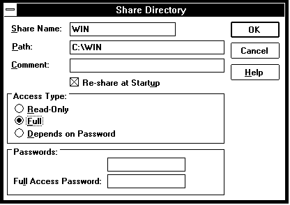 Рис. 4.8. Диалоговая панель Share Directory, предназначенная для выделения диска или каталога в коллективное пользование