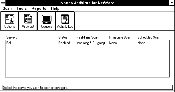 Рис. 4.14. Главное окно приложения, предназначенного для управления антивирусной программой Norton AntiVirus for NetWare версии 2.01