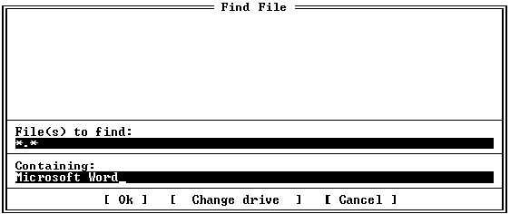 Рис. 6.36. Поиск файлов по контексту при помощи программы Find File, запущенной из оболочки Norton Commander