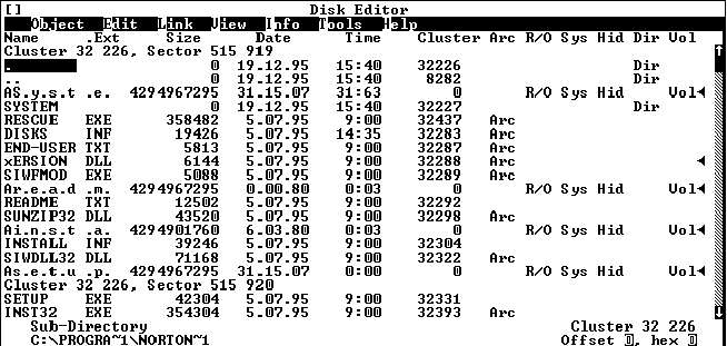 Рис. 6.45. Просмотр структуры каталогов программой DISKEDIT.EXE, предназначенной для работы в среде MS-DOS