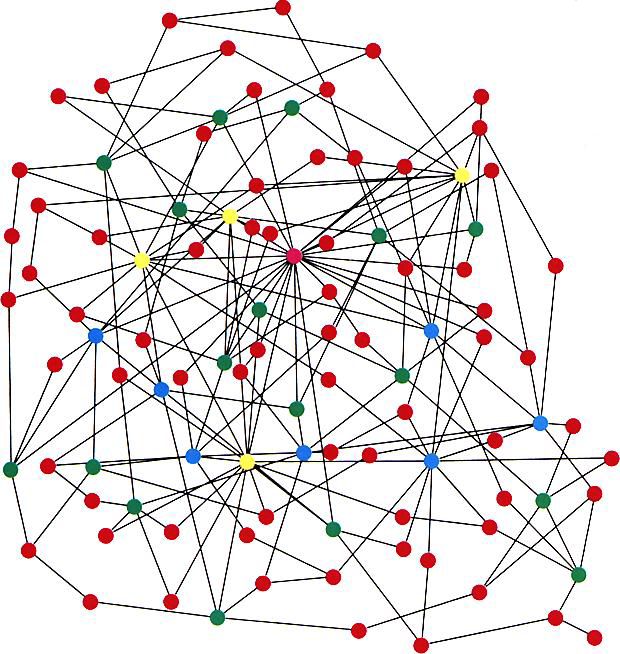 No matter of scale. Example of a scale-free network, consisting of 100 nodes, generated with the algorithm of Barabási and Albert (12).