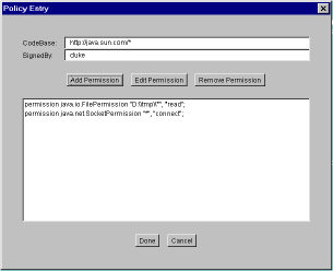 Figure 5: The Java Policy Tool - adding a permission entry