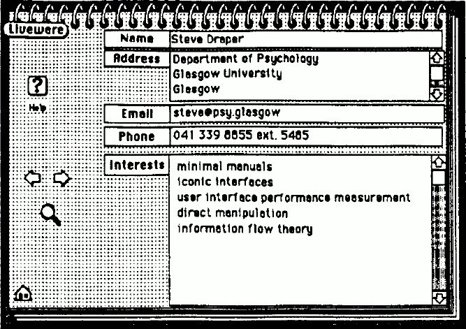 Figure 1: Information on a person in the Scottish HCI Database. The main part of the database consists of many cards of this form. Note the 'Liveware' button at the top left.