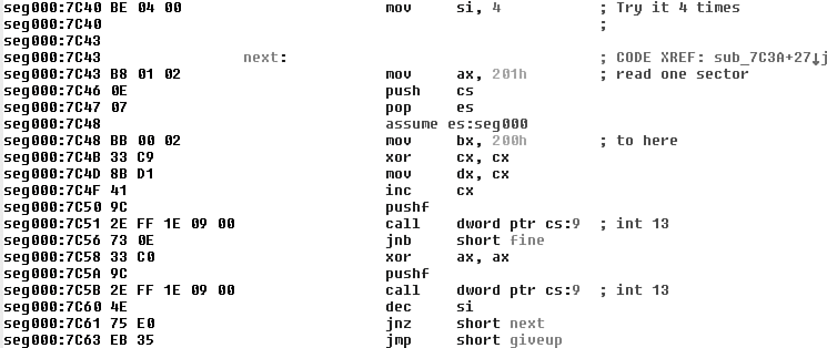 Figure 11.2. A code snippet of the Stoned virus loaded to IDA.