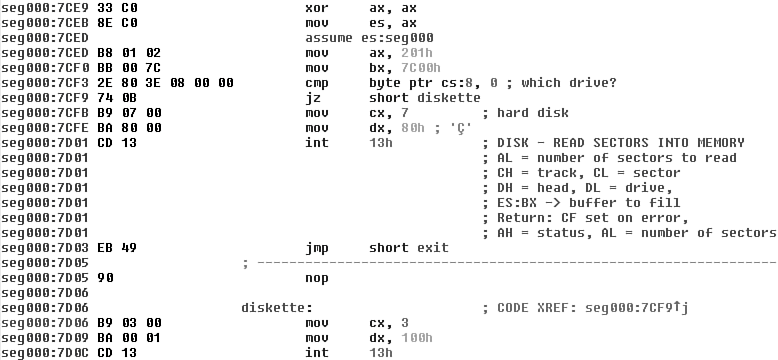 Figure 11.4. Another code snippet of the Stoned virus loaded to IDA.