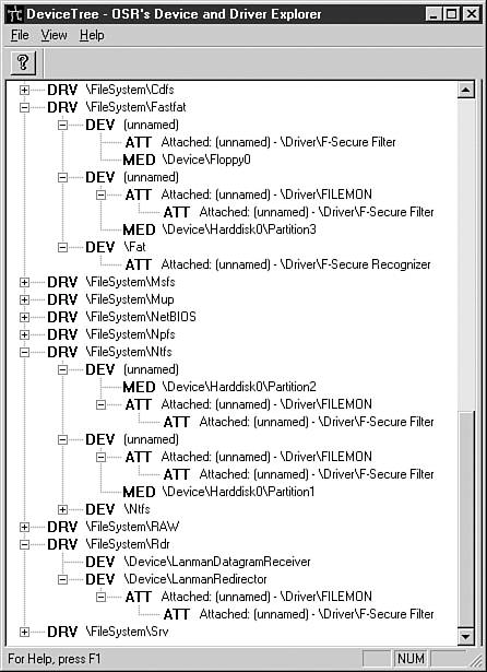 Figure 12.8. A sample chain of filter drivers shown by OSR's DeviceTree utility.