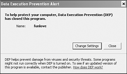 Figure 13.8. DEP (Data Execution Prevention) triggered on execution of the W32/Funlove virus.