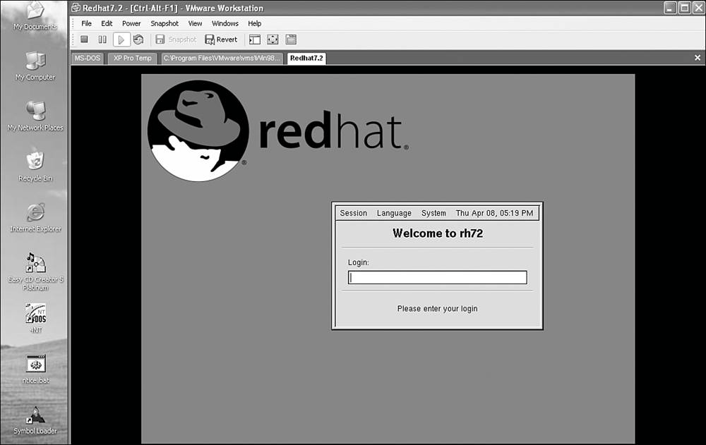 Figure 15.1. VMWARE with a loaded Redhat guest on a Windows XP host OS.