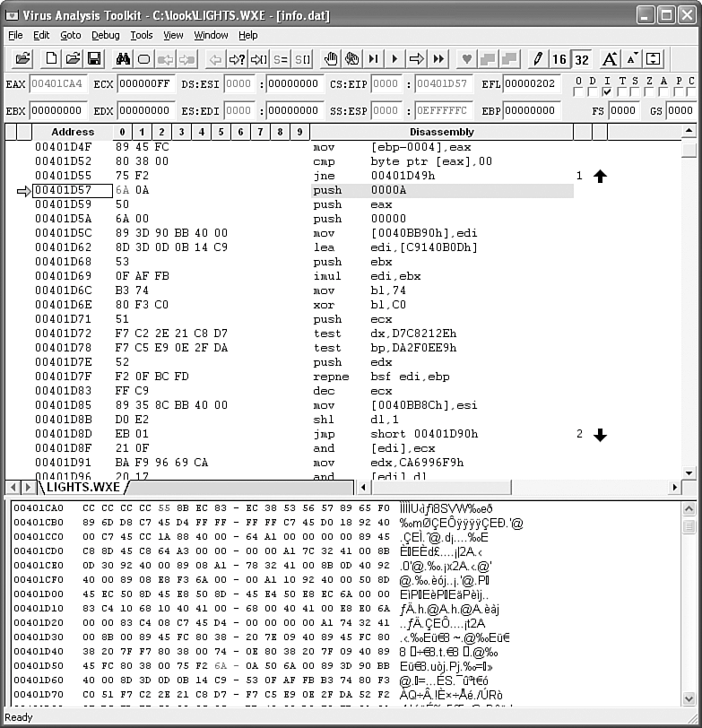 Figure 15.25. VAT with a W95/Zmist-infected file loaded into the emulator.